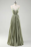 Spaghetti Straps Grey Green A-Line Pleated Satin Bridesmaid Dress