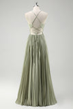 Spaghetti Straps Grey Green A-Line Pleated Satin Bridesmaid Dress