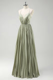 Spaghetti Straps Grey Green A-Line Pleated Satin Bridesmaid Dress