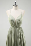 Spaghetti Straps Grey Green A-Line Pleated Satin Bridesmaid Dress