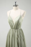 Spaghetti Straps Grey Green A-Line Pleated Satin Bridesmaid Dress