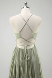 Spaghetti Straps Grey Green A-Line Pleated Satin Bridesmaid Dress