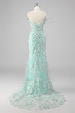 Sparkly Green Corset Sheath Sequined 3D Flower Prom Dress with Slit