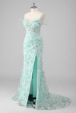 Sparkly Green Corset Sheath Sequined 3D Flower Prom Dress with Slit