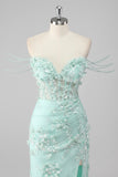 Sparkly Green Corset Sheath Sequined 3D Flower Prom Dress with Slit