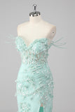 Sparkly Green Corset Sheath Sequined 3D Flower Prom Dress with Slit