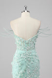 Sparkly Green Corset Sheath Sequined 3D Flower Prom Dress with Slit