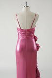 Fuchsia Strapless Metallic Flower Ruffled Prom Dress with Slit