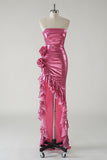 Fuchsia Strapless Metallic Flower Ruffled Prom Dress with Slit