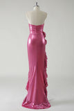 Fuchsia Strapless Metallic Flower Ruffled Prom Dress with Slit