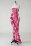 Fuchsia Strapless Metallic Flower Ruffled Prom Dress with Slit