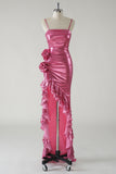 Fuchsia Strapless Metallic Flower Ruffled Prom Dress with Slit