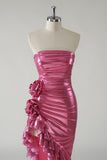 Fuchsia Strapless Metallic Flower Ruffled Prom Dress with Slit