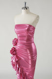 Fuchsia Strapless Metallic Flower Ruffled Prom Dress with Slit