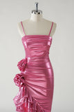 Fuchsia Strapless Metallic Flower Ruffled Prom Dress with Slit