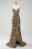 Kahki Leopard Printed Corset Mermaid Formal Dress with Slit