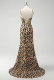 Kahki Leopard Printed Corset Mermaid Formal Dress with Slit