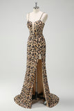 Kahki Leopard Printed Corset Mermaid Formal Dress with Slit