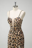 Kahki Leopard Printed Corset Mermaid Formal Dress with Slit