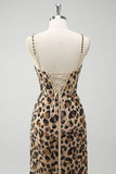 Kahki Leopard Printed Corset Mermaid Formal Dress with Slit