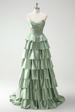 Green Strapless Corset Tiered Satin A-Line Prom Dress