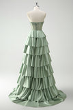 Green Strapless Corset Tiered Satin A-Line Prom Dress