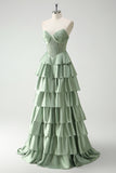 Green Strapless Corset Tiered Satin A-Line Prom Dress