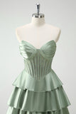 Green Strapless Corset Tiered Satin A-Line Prom Dress