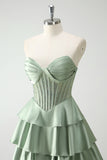 Green Strapless Corset Tiered Satin A-Line Prom Dress