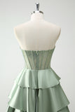 Green Strapless Corset Tiered Satin A-Line Prom Dress