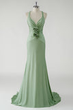 Glitter Green Mermaid V-Neck Flower Prom Dress