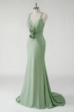 Glitter Green Mermaid V-Neck Flower Prom Dress