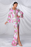 Pink Mermaid V Neck Long Sleeves Floral Prom Dress with Slit