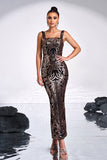 Black Golden Print Sequins Bodycon Square Neck Long Prom Dress