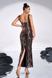 Black Golden Print Sequins Bodycon Square Neck Long Prom Dress