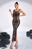 Black Golden Print Sequins Bodycon Square Neck Long Prom Dress