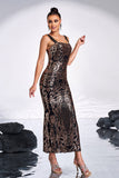 Black Golden Print Sequins Bodycon Square Neck Long Prom Dress