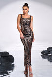 Black Golden Print Sequins Bodycon Square Neck Long Prom Dress