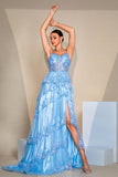 Sparkly Sequins Blue A Line Corset Prom Dress with Slit