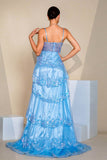 Sparkly Sequins Blue A Line Corset Prom Dress with Slit