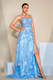 Sparkly Sequins Blue A Line Corset Prom Dress with Slit