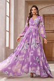 Purple Floral Printed Chiffon A-Line V-neck Long Sleeves Wedding Guest Dress