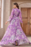 Purple Floral Printed Chiffon A-Line V-neck Long Sleeves Wedding Guest Dress