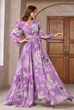 Purple Floral Printed Chiffon A-Line V-neck Long Sleeves Wedding Guest Dress