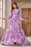 Purple Floral Printed Chiffon A-Line V-neck Long Sleeves Wedding Guest Dress