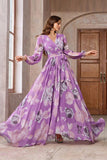 Purple Floral Printed Chiffon A-Line V-neck Long Sleeves Wedding Guest Dress