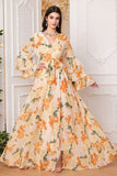 Yellow Floral Chiffon A-Line V-neck Long Sleeves Wedding Guest Dress