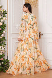 Yellow Floral Chiffon A-Line V-neck Long Sleeves Wedding Guest Dress