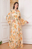 Yellow Floral Chiffon A-Line V-neck Long Sleeves Wedding Guest Dress