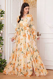 Yellow Floral Chiffon A-Line V-neck Long Sleeves Wedding Guest Dress